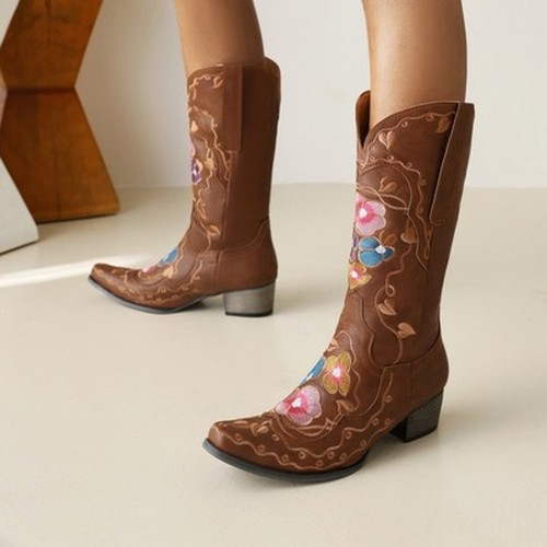 Vintage Embroidery Flower Western Cowboy Boots