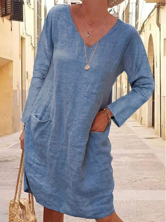 Loose V-Neck Long Sleeve Solid Color Linen Dress