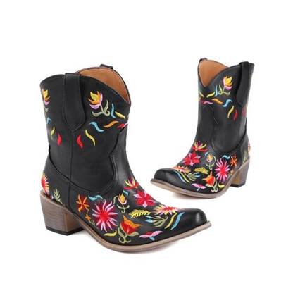 Embroidered Flowers Low-Heel Boots