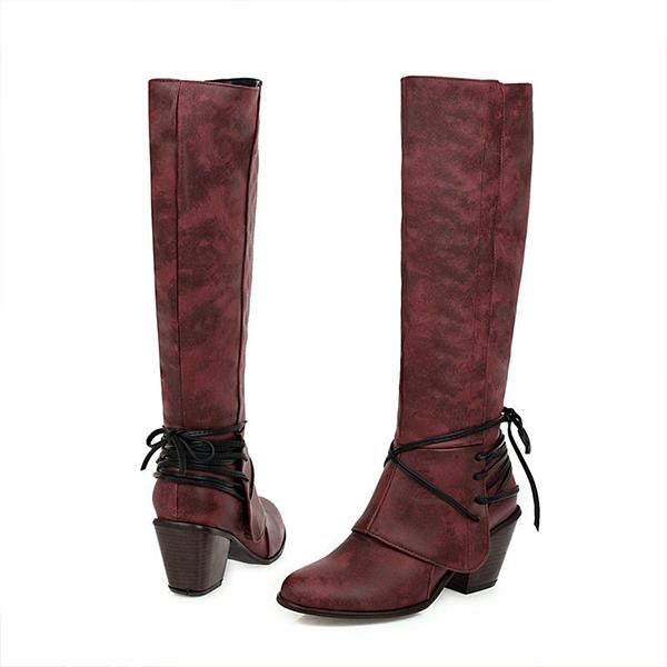 Women's Fashion Lace Up Chunky Heel Knee High Rider Boots 96479483S