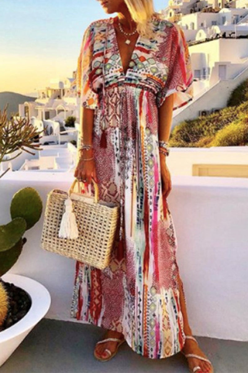 Casual Vacation Print Frenulum Printing V Neck Printed Dress Dresses