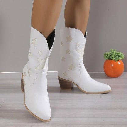 Women's Fashion Casual Star Chunky Heel Mid-calf Boots 79504262S