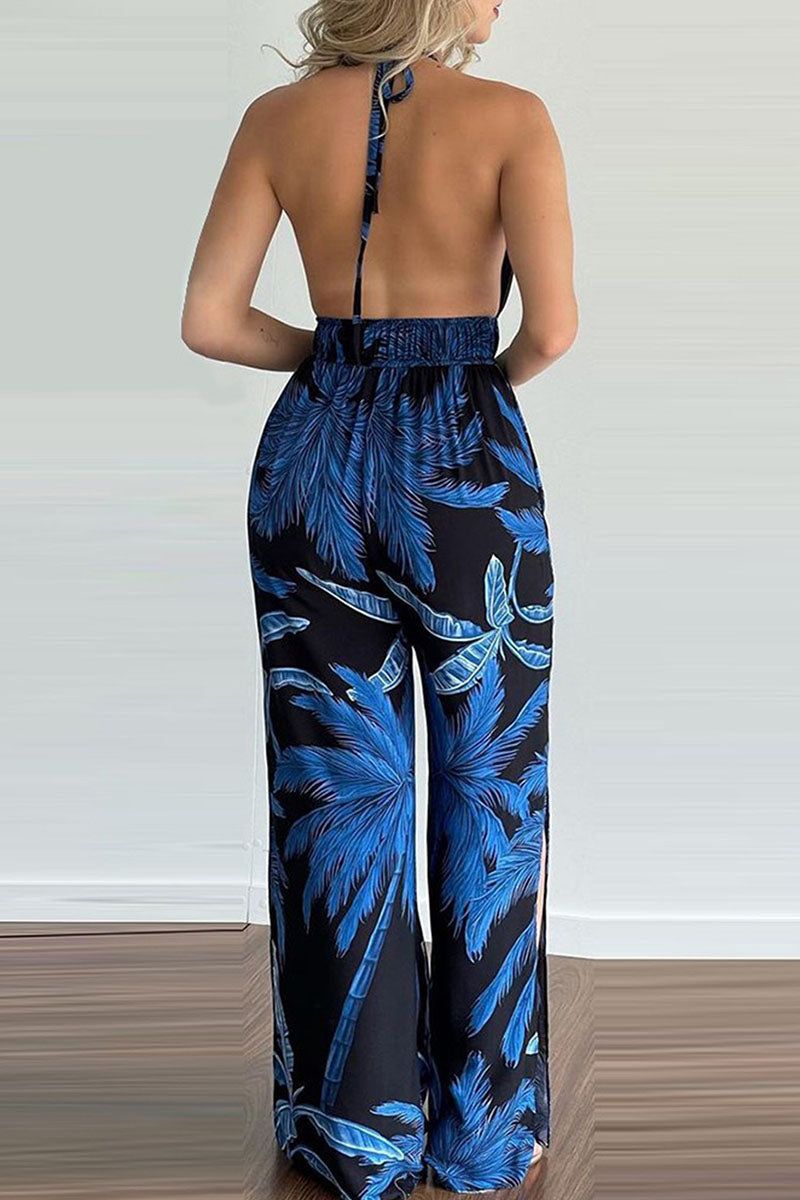 Fashion Simplicity Print Backless V Neck Loose Jumpsuits