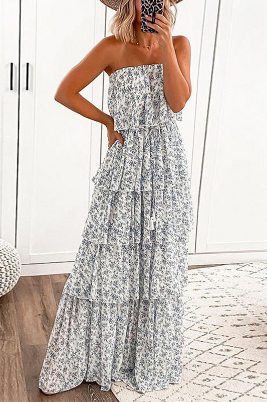 Casual Print Flounce Strapless Cake Skirt Dresses