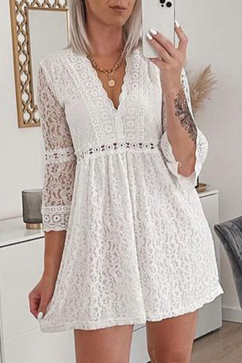 Sweet Elegant Solid Lace Hollowed Out V Neck A Line Dresses