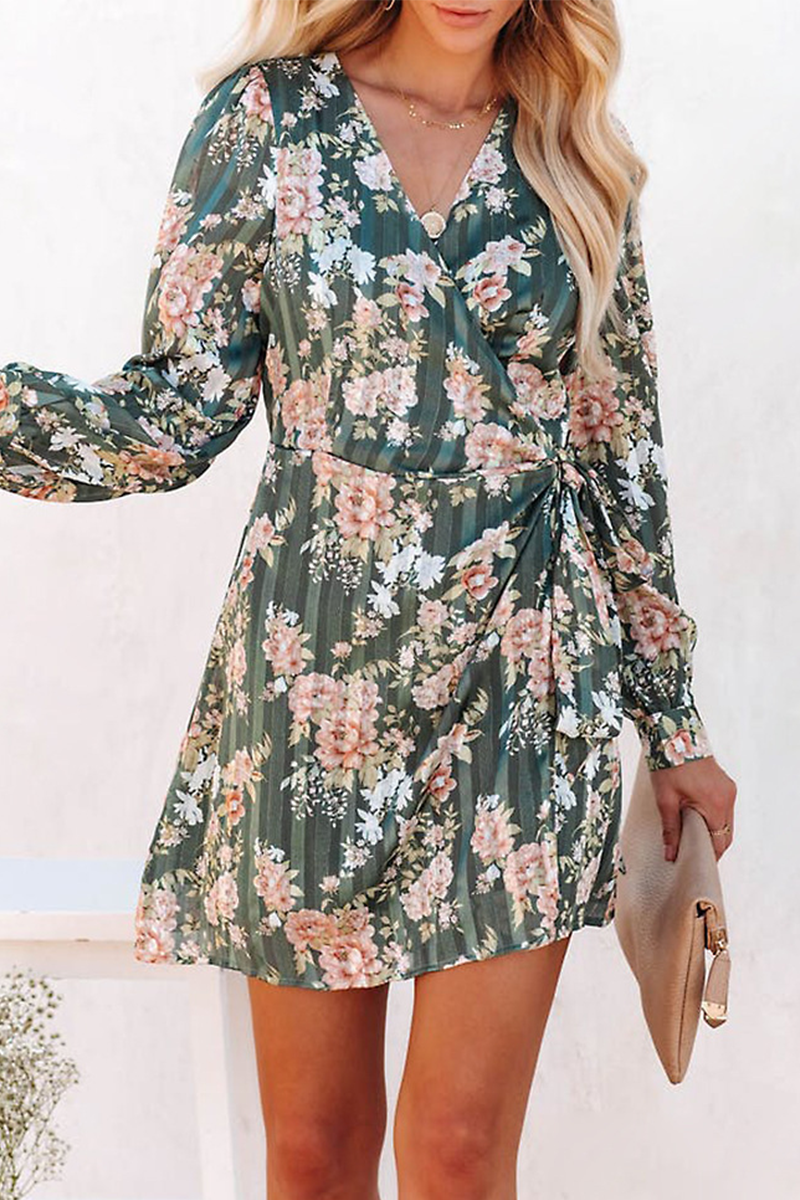 Sexy Print Split Joint V Neck Waist Skirt Dresses