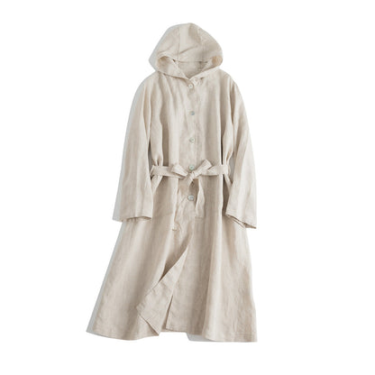 Linen Mid-length Hooded Long-sleeved Belt Sunscreen Windbreaker