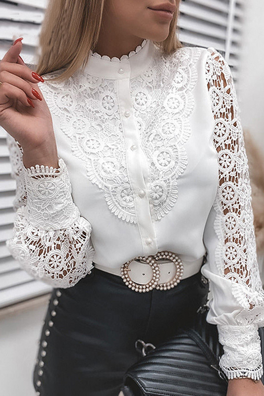 Elegant Solid Lace Hollowed Out Buckle Mandarin Collar Tops