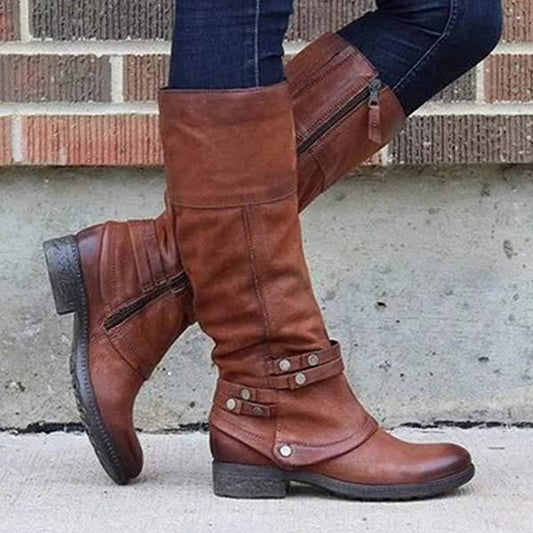 Women's Low Heel Square Toe Riding Boots with Belt Buckle High Shaft Boots 48479688C