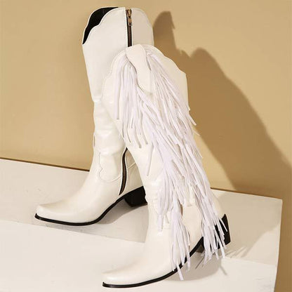 Women's Mid Heel High Boots But Not Knee Chunky Heel Fringed Boots 25406999C