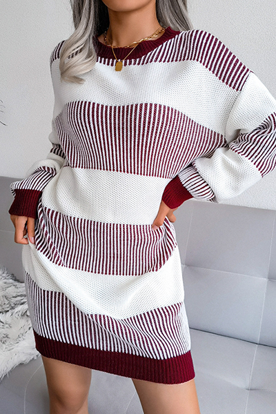 Elegant Striped Split Joint  Contrast O Neck Dresses Sweater  (Without Belt)