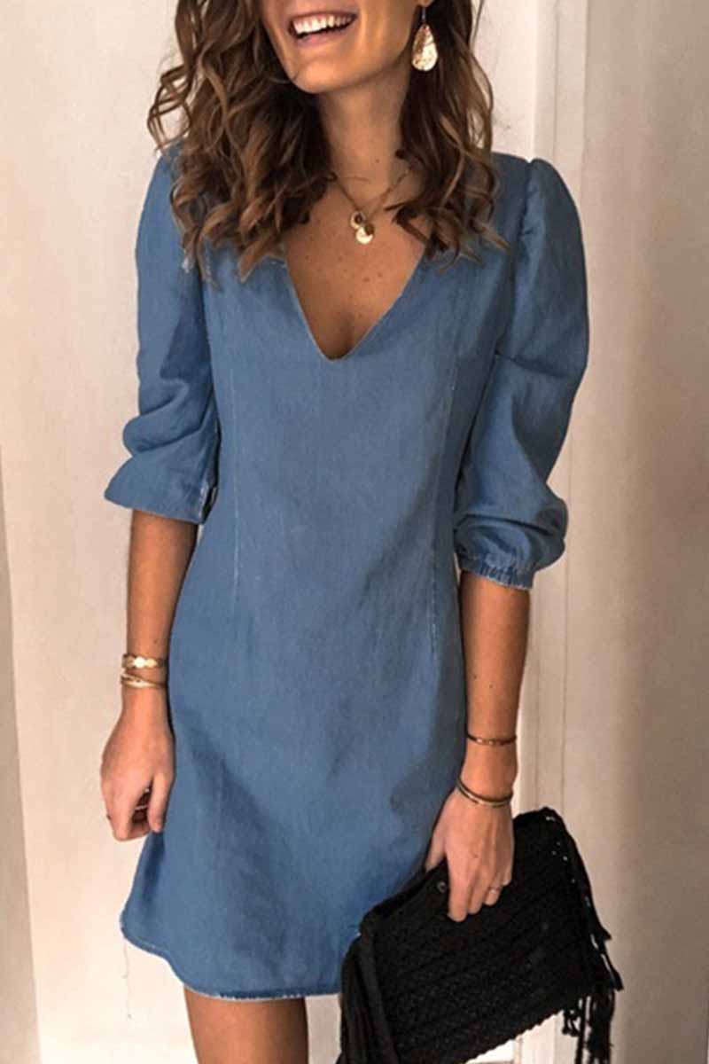 Fashion Casual Solid V Neck Denim Dress Dresses(4 Colors)