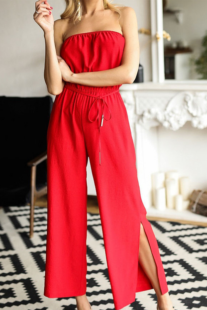 Casual Solid Patchwork Strapless Straight Jumpsuits(3 Colors)