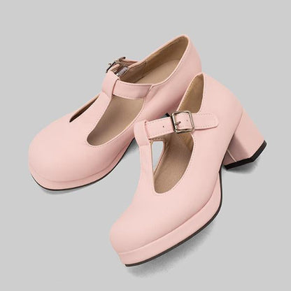 Women's Fashion T-Strap Candy-Colored Chunky Heels 61496076C