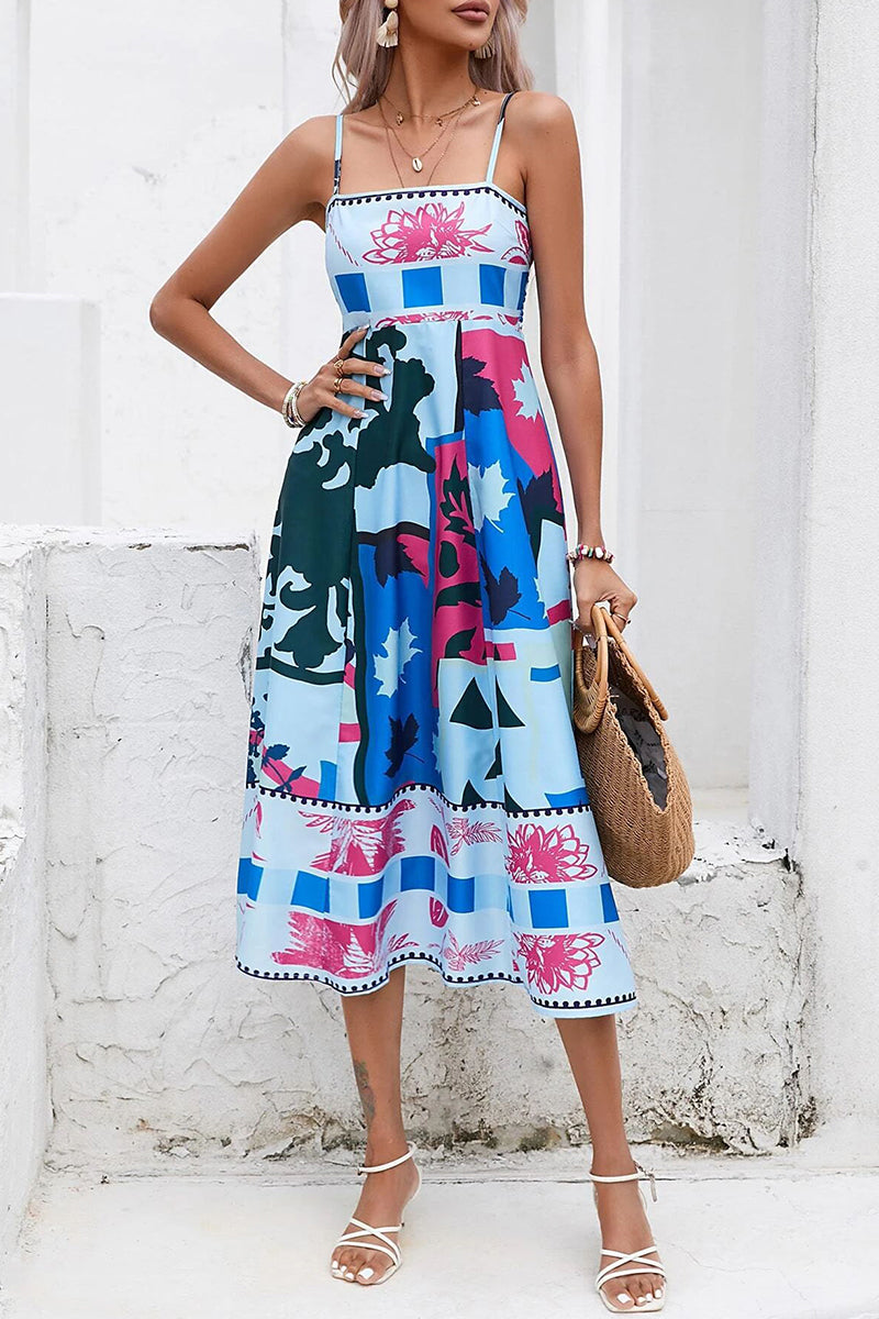 Sexy Print Patchwork Square Collar Sling Dress Dresses