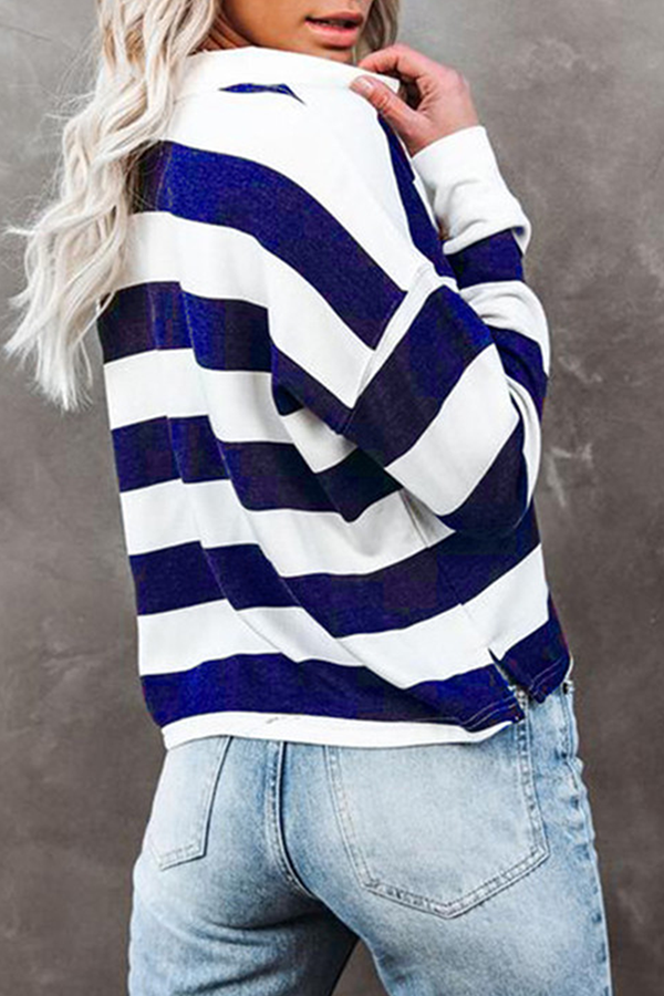 Casual Striped Split Joint Buckle Turndown Collar Tops