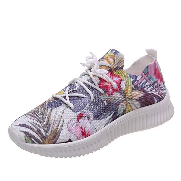 Women's Flat Lace-Up Flying Woven Breathable Printing Graffiti Casual Sneakers 43665814C