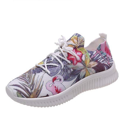Women's Flat Lace-Up Flying Woven Breathable Printing Graffiti Casual Sneakers 43665814C