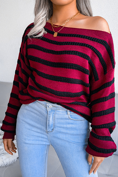 Casual Striped Split Joint  Contrast Off the Shoulder Tops