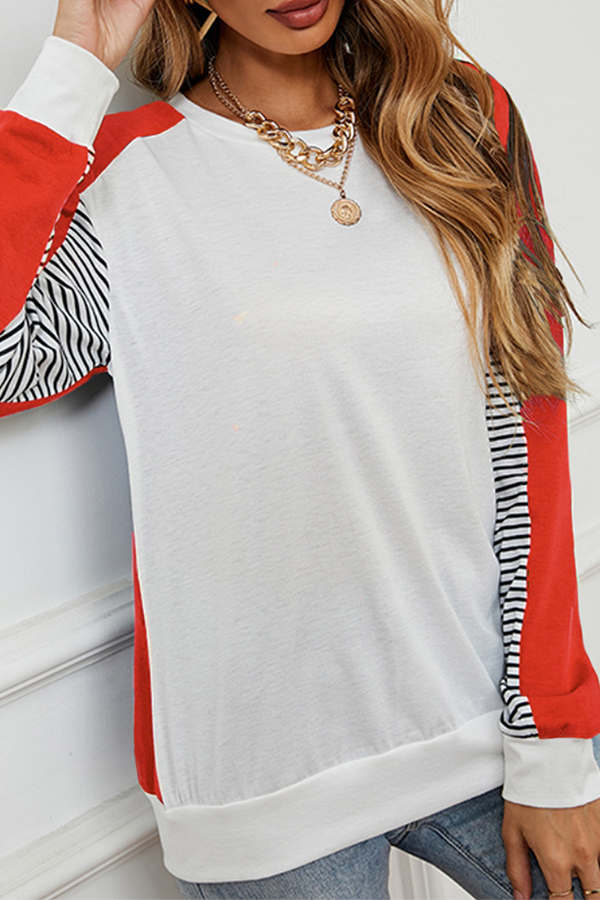 Casual Striped Split Joint  Contrast O Neck Tops