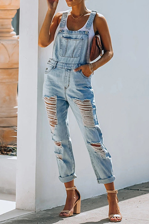 Street Solid Tassel Ripped Jumpsuits