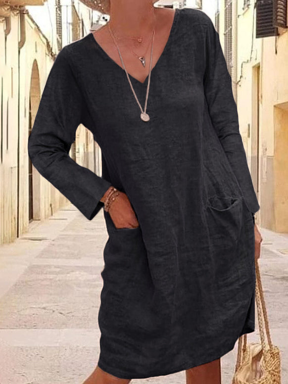 Loose V-Neck Long Sleeve Solid Color Linen Dress