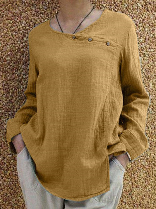 Women's Solid Color Round Neck Long Sleeved Casual Linen Top