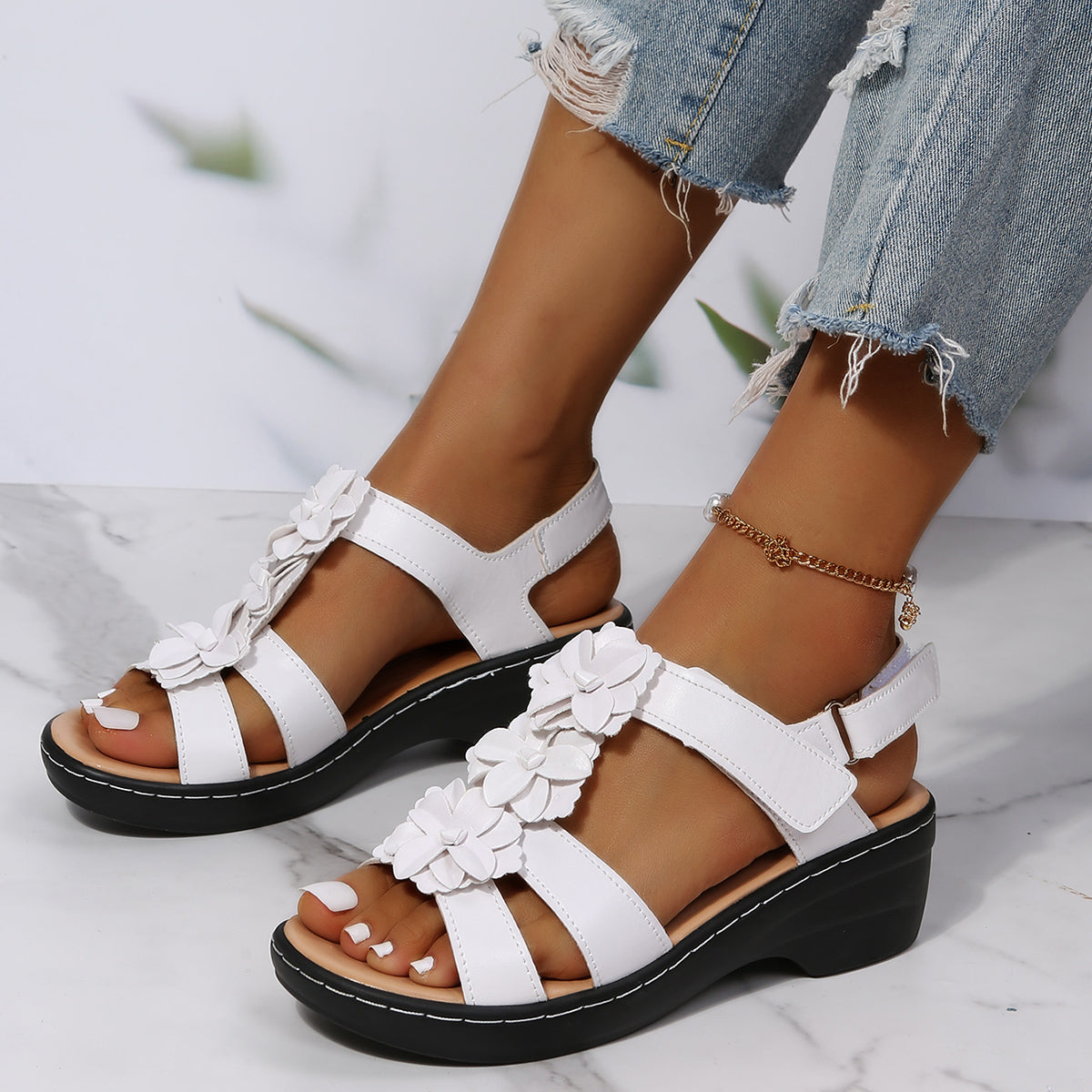 Women's Flower Decor T-Strap Sandals