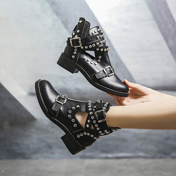 Women'S Chunky Heel Studded Belt Buckle Ankle Boots 71375191C