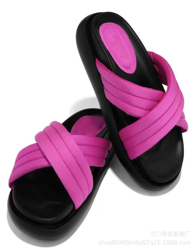 Satin Criss Cross Strap Platform Slippers