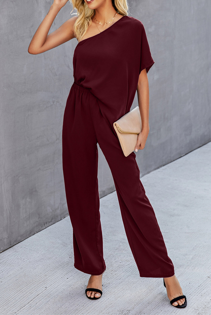 Elegant Solid Patchwork Oblique Collar Regular Jumpsuits(4 colors)