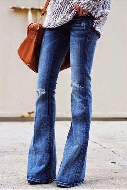 Work Solid Ripped Mid Waist Boot Cut Denim Jeans