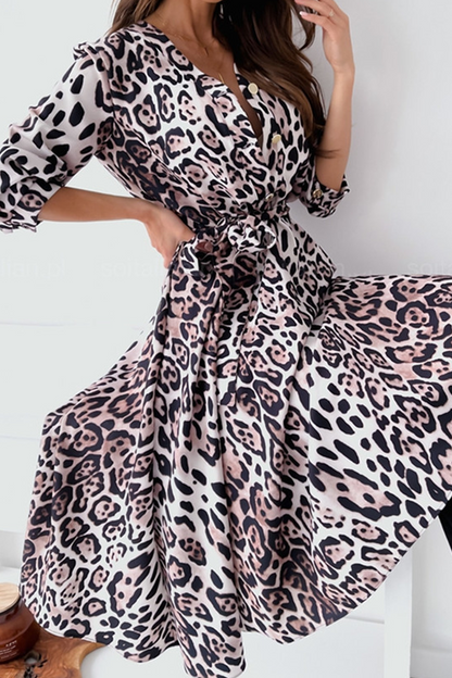 Fashion Leopard Split Joint V Neck Irregular Dress Dresses