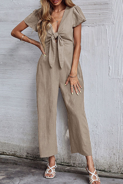 Casual Solid Patchwork V Neck Straight Jumpsuits