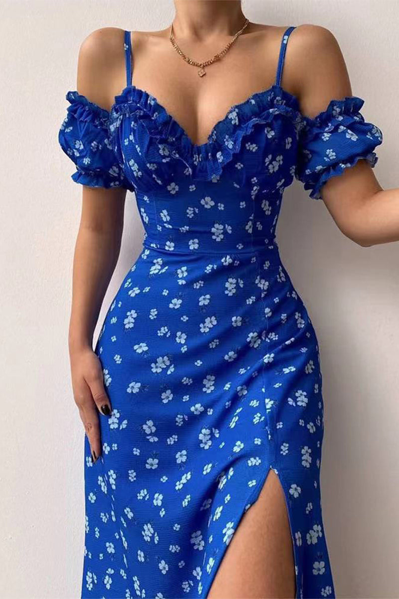 Sweet Elegant Print Asymmetrical Off the Shoulder A Line Dresses(5 Colors)