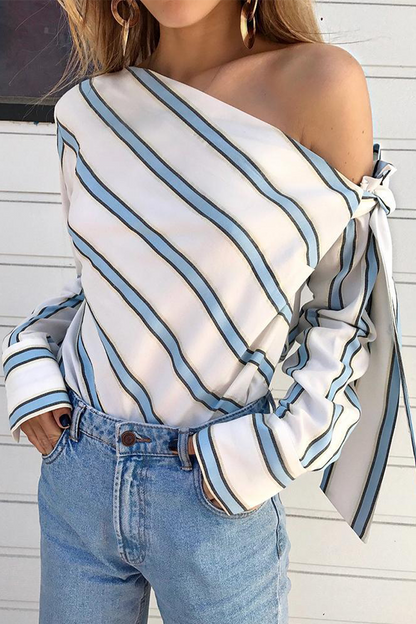 Daily Striped Patchwork One Shoulder Tops