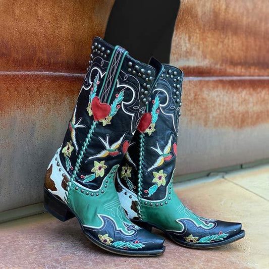 Women'S Mid Heel Embroidered Tall Boots 68003038C