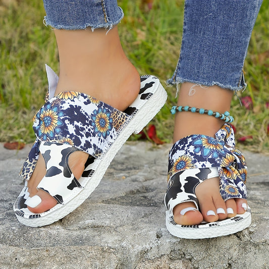 Cow and Sunflower Print Sliders - Stylish Toe Loop Slip-Ons for Women