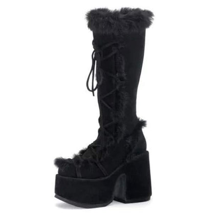 Women's Fur Boots Platform High Heel Gothic Boots 55363358C