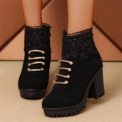 Women's Elegant Rhinestone Flower Lace Mid Heel Zipper Boots