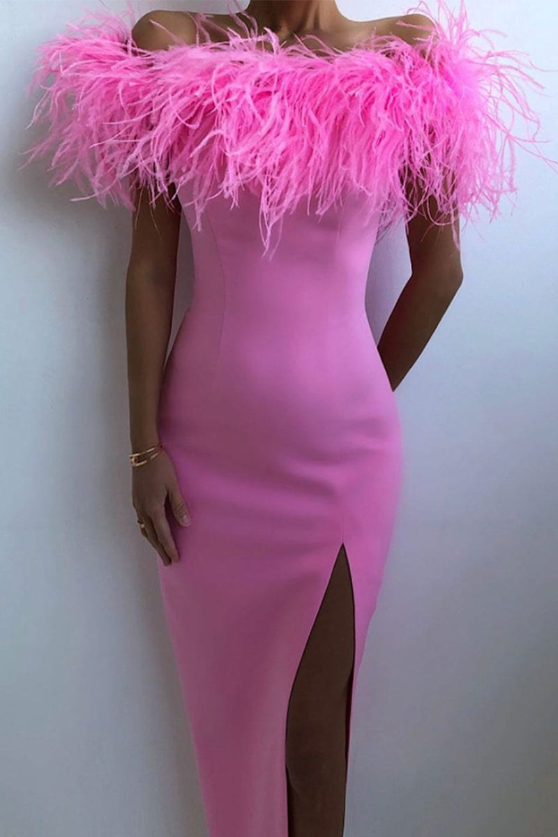 Celebrities Elegant Solid Feathers Zipper Off the Shoulder Evening Dress Dresses