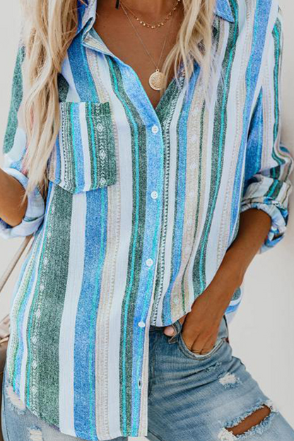 Casual Striped Patchwork Turndown Collar Tops(8 colors)