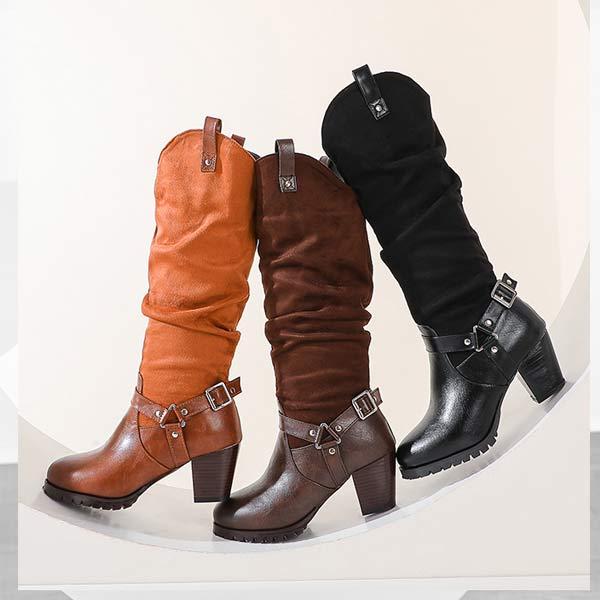 Women's Chunky Heel High Shaft Boots with Belt Buckle Detail 35596405C