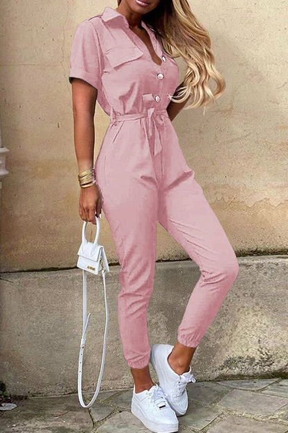 Casual Solid Buckle With Belt Turndown Collar Jumpsuits(12 Colors)