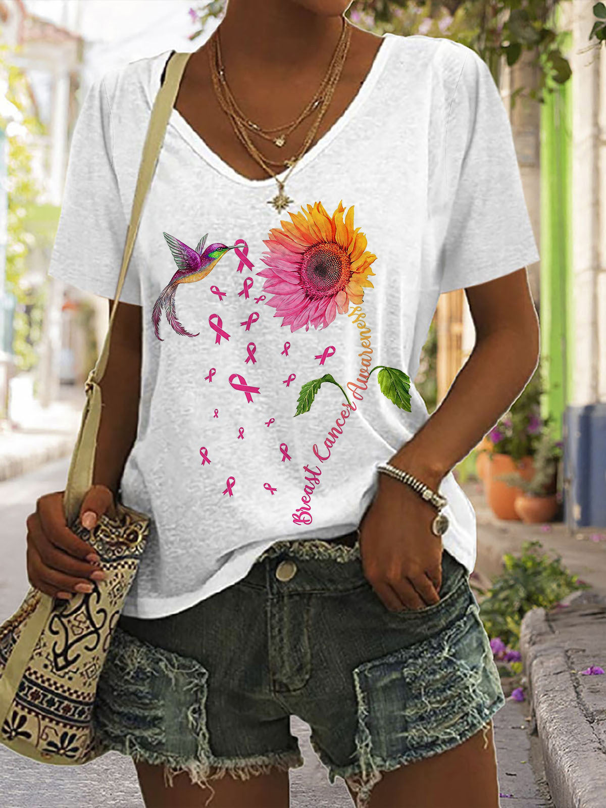 Sunflower and Bird Pink Ribbon V-neck Short Sleeve T-shirt