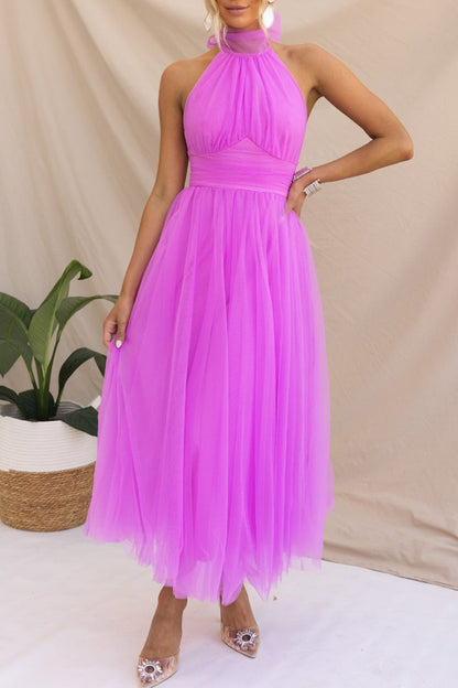 Sweet Elegant Solid Backless Halter A Line Dresses