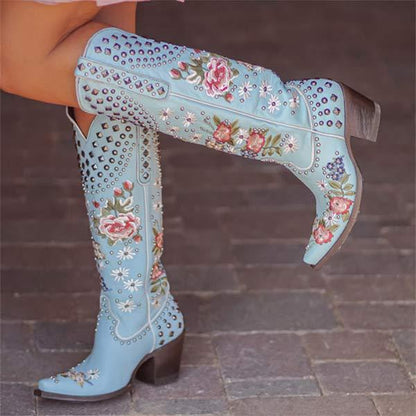 Women's Embroidered Studded High-Calf Mid-Heel Cowboy Boots 61919210C