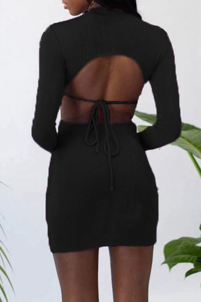 Sexy Solid Hollowed Out Half A Turtleneck Pencil Skirt Dresses