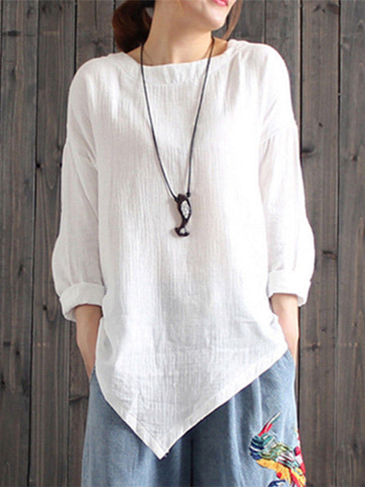Women's Loose Short Sleeve Solid Color Irregular Linen Top