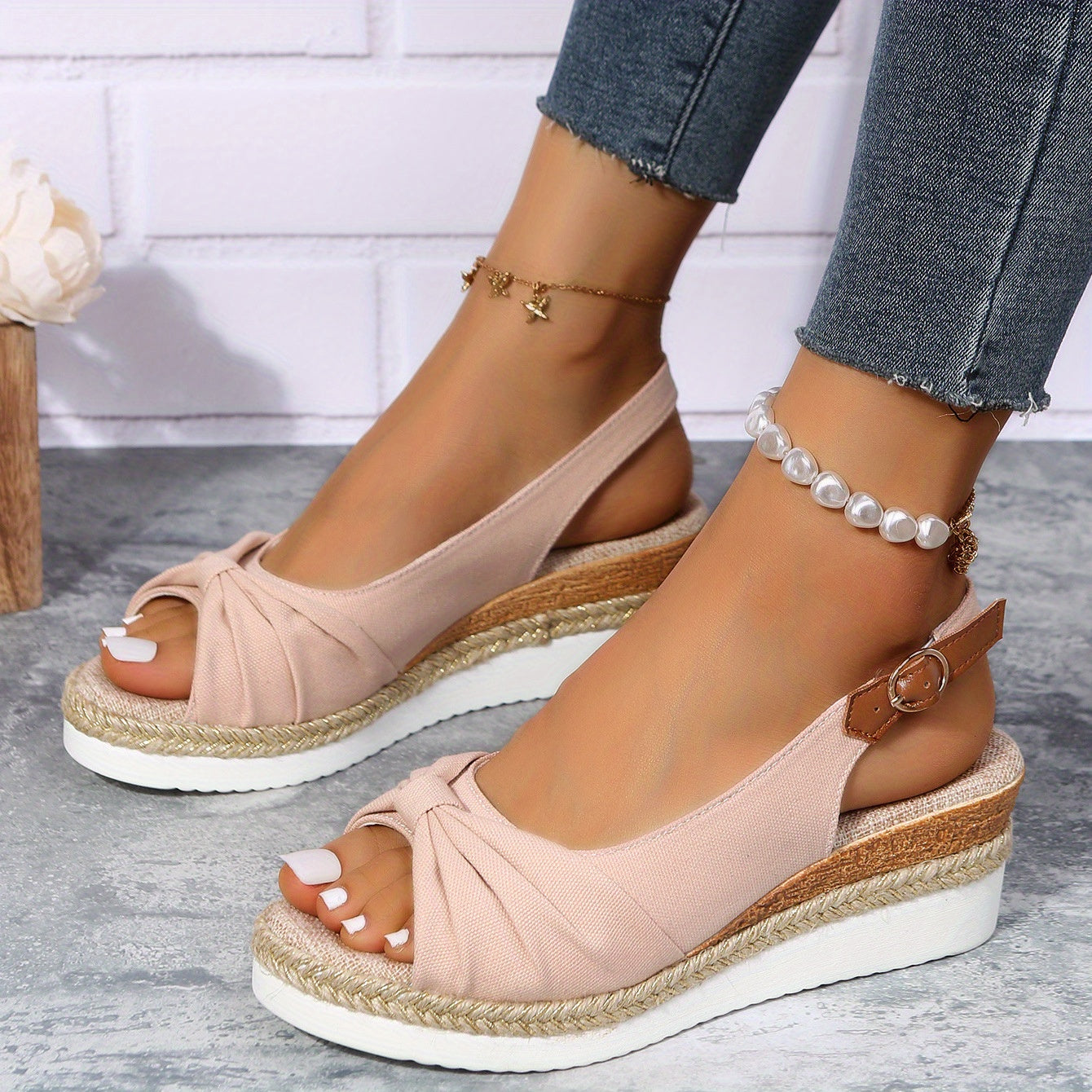 Peep Toe Slingback Wedge Sandals with Ankle Buckle Strap for Women